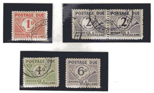 RHODESIA & NYASALAND 1961 POSTAGE DUE SET OF 4 VFU. (2d HORIZ PAIR) SACC 3-6. CAT R550.