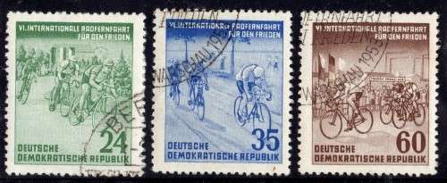 GERMANY EAST 1953 "6th INTERNATIONAL CYCLE RACE" SET OF 3 VERY FINE USED. SG E113-5. CAT 7,20 POUNDS