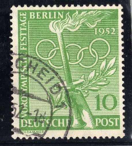 GERMANY BERLIN 1952 OLYMPIC GAMES FESTIVAL BERLIN 10pf GREEN VFU. SG B89. CAT 21 POUNDS.