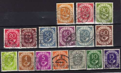 GERMANY WEST 1951 POST HORN DEFIN SET OF 16 FINE-VF USED. SG 1045-60. CAT 59 POUNDS.