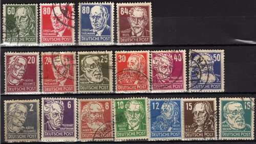 GERMANY RUSSIAN ZONE 1948 DEFIN SET OF 17 VFU. SG R33-R48 + E95. CAT 58 POUNDS.