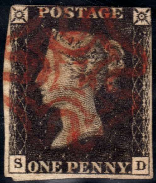GREAT BRITAIN 1840 1d BLACK ALMOST 3  MARGIN WITH RED MALTESE CROSS CANCEL. SG 2. CAT 425 POUNDS.