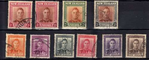 NEW ZEALAND 1947-52 DEFIN SET OF 10 + 1/- PLATE 11 VFU. SG 680-689 + 686c. CAT 12 POUNDS.