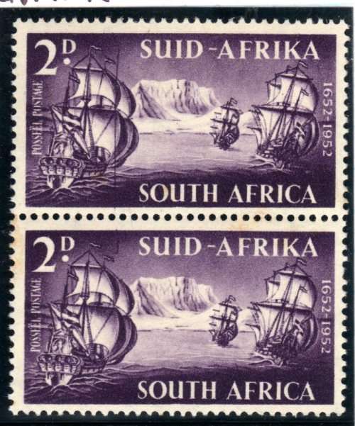 SOUTH AFRICA 1952 VAN RIEBEECK TERCENT 2d VERT PR WITH VAR "LINE THROUGH SAILS". SACC 138a. CAT R500