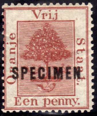 ORANGE FREE STATE 1868-71 1d LIGHT REDDISH-BROWN OVPTD "SPECIMEN" MM. SACC 1s. EXTREMELY RARE.