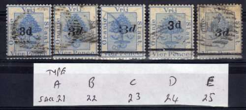ORANGE FREE STATE 1882 COMPLETE SET OF 5 DIFFERENT SURCHARGES ON 4d USED. SACC 21-25. SG 38-42.