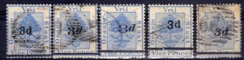 ORANGE FREE STATE 1882 COMPLETE SET OF 5 DIFFERENT SURCHARGES ON 4d USED. SACC 21-25. SG 38-42.