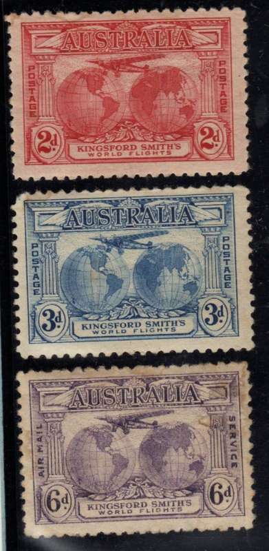AUSTRALIA 1931 "KINGSFORD SMITH'S FLIGHTS" SET OF 3 MOUNTED MINT (FAULTS). SG 121-23. CAT 15 GBP.