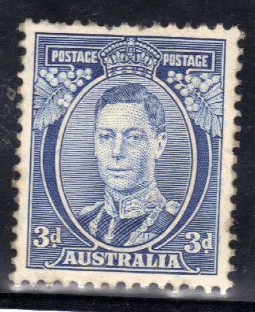 AUSTRALIA 1937-49 DEFIN 3d BLUE PERF 13,5 x 14 MM BUT PULLED TOP PERFS. SG 168. CAT 60 POUNDS.