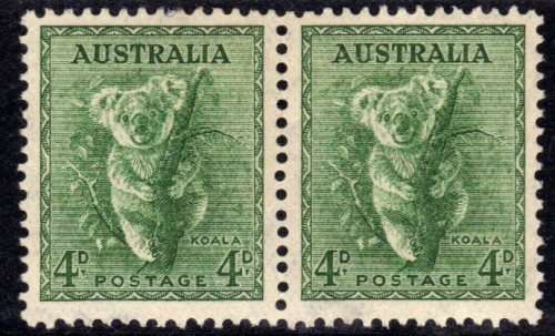 AUSTRALIA 1937-49 DEFIN 4d PAIR PERF 13,5 x 14 LMM BUT SOME PERF SPLITTING. SG 170. CAT 14 POUNDS.
