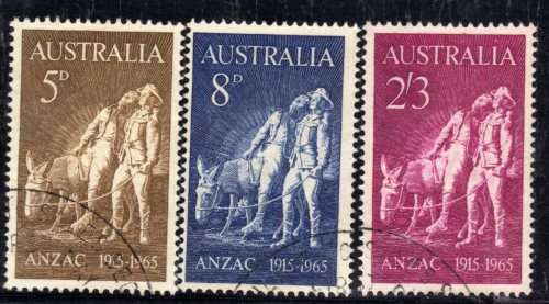 AUSTRALIA 1965 "50TH ANNIVERSARY GALLIPOLI LANDING" SET OF 3 VFU. SG 373-5. CAT 5,10 POUNDS.
