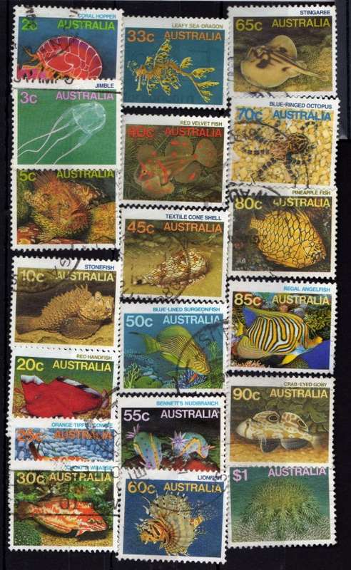 AUSTRALIA 1984 DEFINITIVE "MARINE LIFE" SET OF 19 VFU. SG 919-937. CAT 14,45 POUNDS.