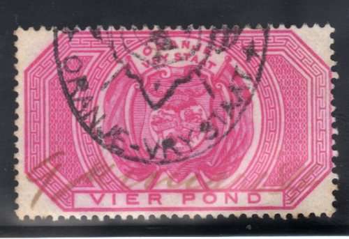 ORANGE FREE STATE 1882-86 ARMS 4 POUND FISCALLY USED - SCARCE. BAREFOOT 78.
