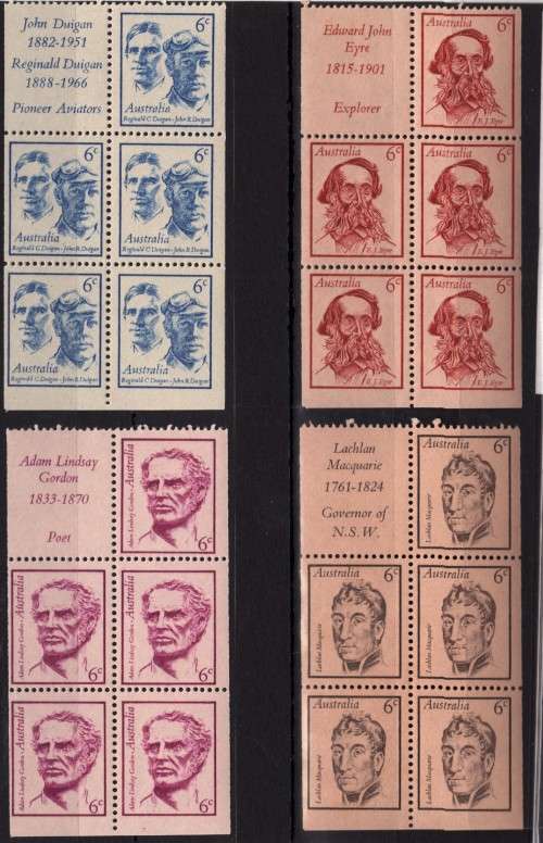 AUSTRALIA 1970 "FAMOUS AUSTRALIANS" (3RD SERIES) SET OF 4 IN BOOKLET PANES OF 5 + 1 LABEL.