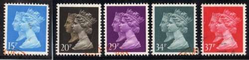 GREAT BRITAIN 1990 "150TH ANNIV 1d BLACK" SET OF 5 VFU. SG 1467, 1469, 1471 & 1473-4. CAT 7,80 GBP.