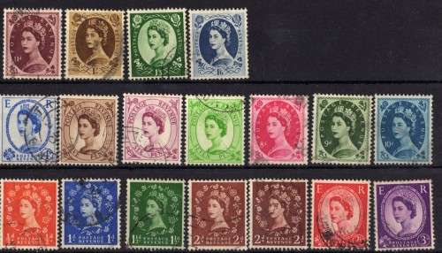 GREAT BRITAIN 1955-58 WILDING DEFIN SET OF 18 W/M ST EDWARD'S CROWN VFU. SG 540-556. CAT 27 GBP.