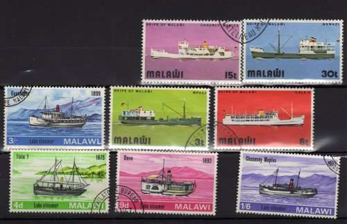 MALAWI LAKE SHIPS 2 SETS VFU. (1) 1967 SG 277-280. (2) 1975 SG 486-489. CAT 5,40 POUNDS.