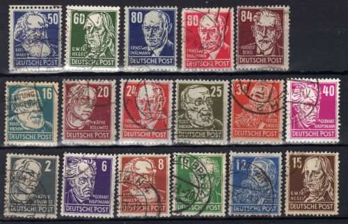 GERMANY RUSSIAN ZONE 1948 DEFIN SET OF 17 VFU. SG R33-R48 + E95. CAT 58 POUNDS.
