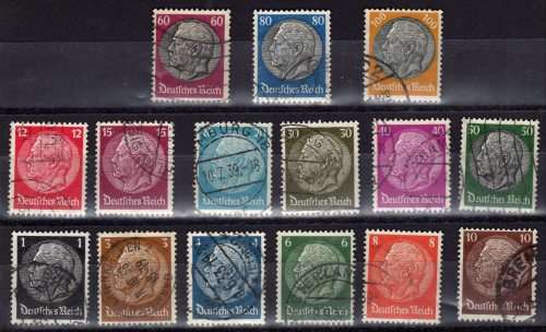 GERMANY 1933 VON HINDENBURG DEFIN SET OF 15 VFU. SG 493B-509B. CAT 10,45 POUNDS.