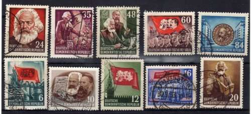 GERMANY EAST 1953 "70TH ANNIV DEATH OF KARL MARX" SET OF 10 VFU. SG E102-E111. CAT 21,40 POUNDS.