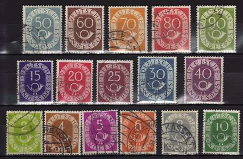 GERMANY WEST 1951 POST HORN DEFIN SET OF 16 VFU. SG 1045-60. CAT 59 POUNDS.