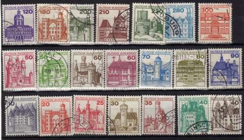 GERMANY WEST 1977 "GERMAN CASTLES" SET OF 21 VFU. SG 1805-1821d. CAT 13,10 POUNDS.