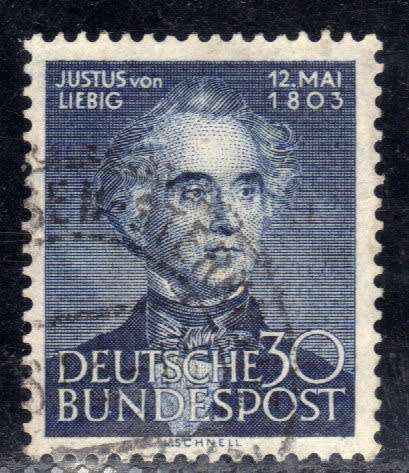 GERMANY WEST 1953 150th ANNIV OF LIEBIG 30PF BLUE VFU. SG 1092. CAT 29 POUNDS.