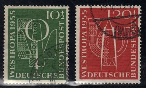 GERMANY WEST 1955 "WEST EUROPEAN STAMP EXHIBITION" SET OF 2 V.F.U. SG 1143-44. CAT 25,25 POUNDS.