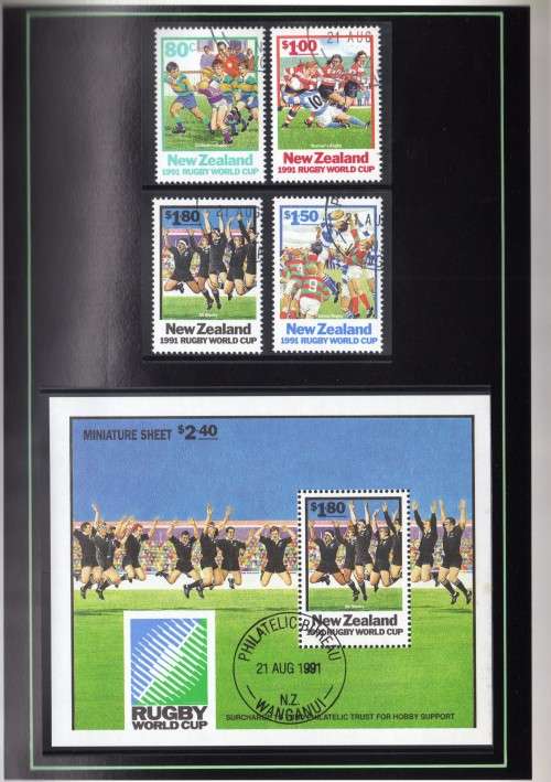 NEW ZEALAND 1991 RUGBY WORLD CUP PRESENTATION PACK WITH SET OF 4 & MINI SHEET.