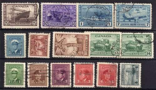 CANADA 1942-48 WAR EFFORT SET OF 14 PLUS 7c AIR VERY FINE USED. SG 375-388 + 400. CAT 35,50 POUNDS.