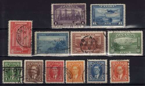 CANADA 1937-38 DEFIN SET OF 11 PLUS 6c AIR STAMP V.F.U. SG 357-367 + 371. CAT 42,25 POUNDS.