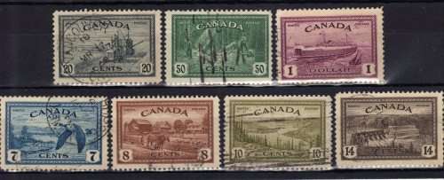 CANADA 1946 "PEACE RE-CONVERSION" SET OF 7 VERY FINE USED. SG 401-408. CAT 17 POUNDS.