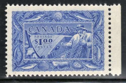 CANADA 1951 $1 BLUE FISHERMAN LIGHTLY MOUNTED MINT. SG 433. STAMPS CAT 40 POUNDS.