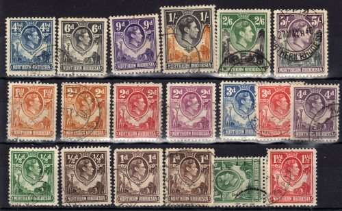 NORTHERN RHODESIA 1938 DEFIN PART SET OF 18 VFU. SACC 25-41 + 43. CAT R878.