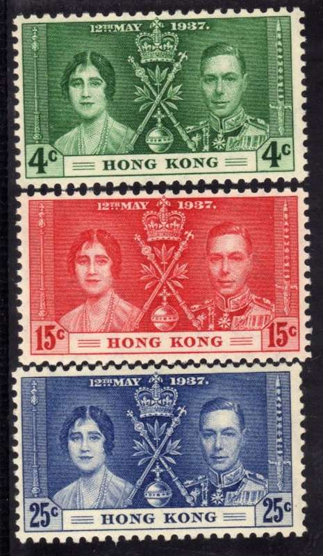 HONG KONG 1937 CORONATION SET OF 3 VERY LMM. SG 137-39. CAT 20 POUNDS.
