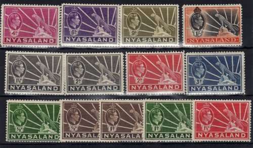 NYASALAND 1938 DEFIN PART SET OF 13 VERY LMM. SG 130-138. CAT 35,50 POUNDS.