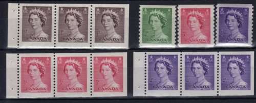 CANADA 1953 DEFIN SET OF 3 COIL STAMPS AND SET OF 3 BOOKLET PANES OF 3 LMM . SG 455-460. CAT 24 GBP.