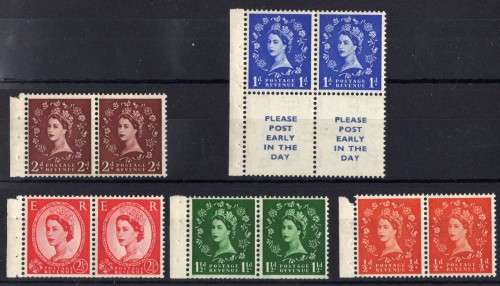 GREAT BRITAIN 1952-4 DEFIN SET OF 5 PRS INVERT W/MARK TUDOR CROWN UMM. SG 515-519wi. CAT 80 POUNDS.