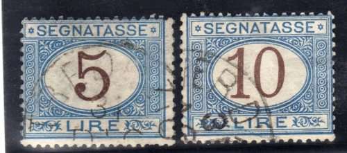 ITALY 1870 POSTAGE DUE 5L + 10L MAUVE & BLUE VERY FINE USED. SG D37 & D39. CAT 40,50 POUNDS.
