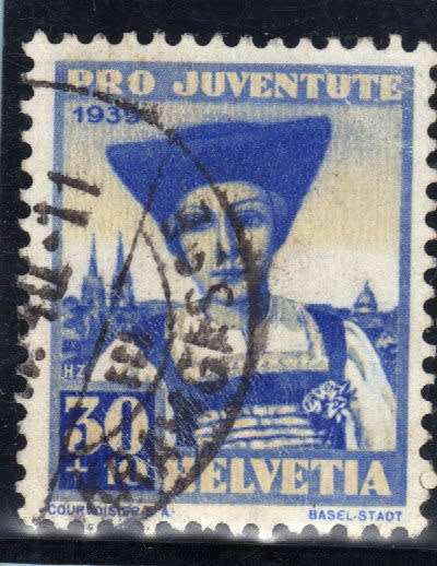 SWITZERLAND 1939 PRO-JUVENTUTE 30c + 10c BLUE AND BUFF VERY FINE USED. SG J91. CAT 20 POUNDS.