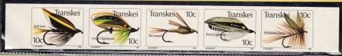 TRANSKEI 1981 FISHING FLIES 2ND SERIES VARIETY IMPERF STRIP OF 5 SUPERB UMM. SACC 83a-87a. CAT R4000
