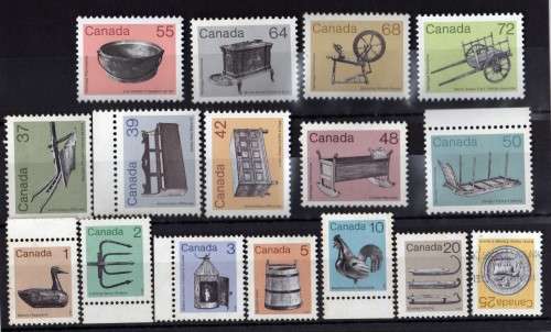 CANADA 1982 "HERITAGE ARTIFACTS" SET OF 16 U.M.M. EXCEPT 25c VFU. SG 1054-69. CAT 13,70 POUNDS.