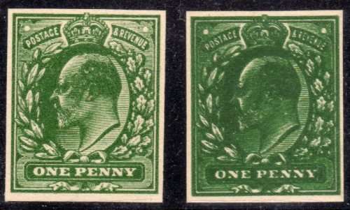 GREAT BRITAIN 1902-11 KEVII TWO 1d PLATE PROOFS IN DEEP GREEN, ONE PRINTED DOUBLE. SG 219var.