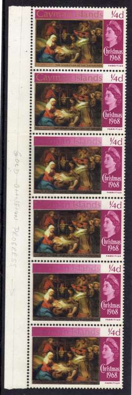 CAYMAN ISLANDS 1968-69 "CHRISTMAS" 1/4d VERT STRIP WITH "GOLD OMITTED UMM. SG 215a. CAT 1375 GBP +++