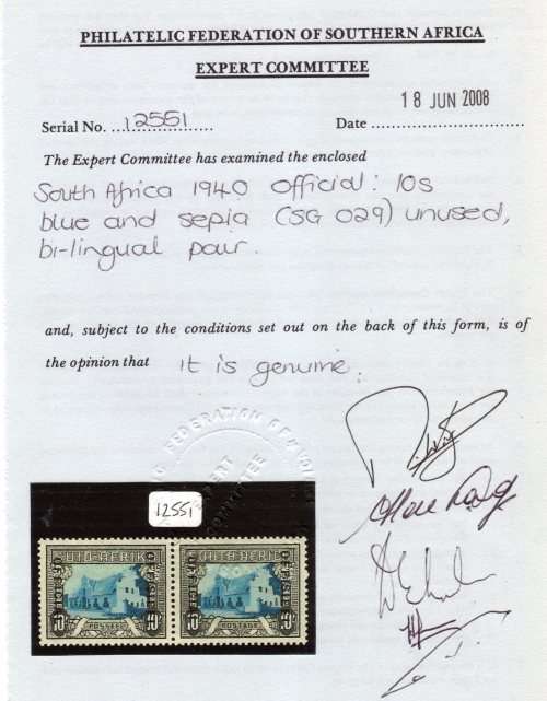 SOUTH AFRICA 1935-51 OFFICIAL 10/- OFFICIAL AT LEFT UNM MINT WITH PFSA CERT. SACC O36. CAT R10000.