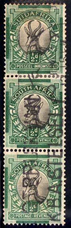 SOUTH AFRICA 1930-45 ROTO 1/2d COIL STRIP OF 3 A.E.E. FINE USED. SACC 42a.