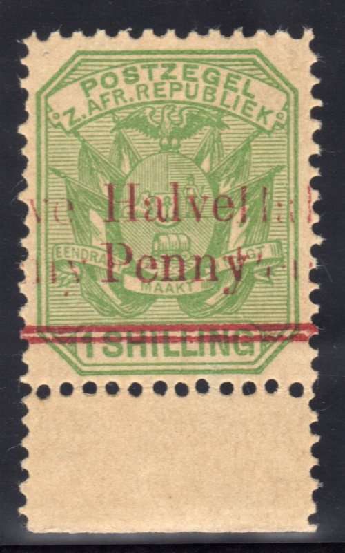TRANSVAAL 1898 `HALVE PENNY` ON 1 SHILLING GREEN SUPERB UMM WITH VARIETY. SACC 219d. CAT R2500.
