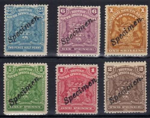 RHODESIA BSAC 1898-1905 DEFINITIVE ISSUE 6 STAMPS OPTD "SPECIMEN" LIGHTLY HINGED.
