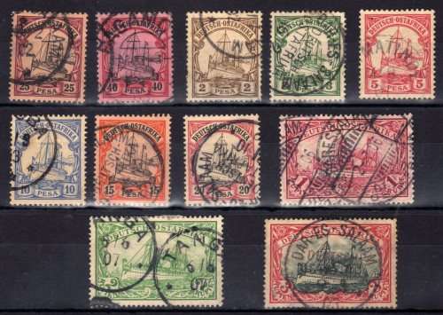 GERMAN EAST AFRICA 1901 YACHT DEFIN SET OF 11 TO 3 RUPEN FINE - VFU. SG 15-25. MICHEL 11-21.