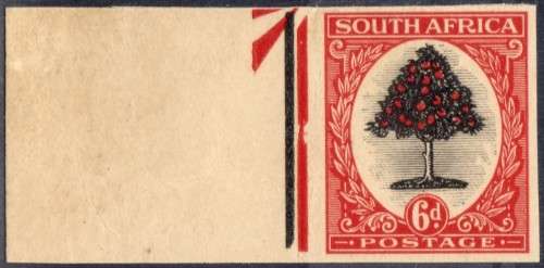 SOUTH AFRICA 1926 6d GREY & ORANGE RED COLOUR TRIAL IMPERF PLATE PROOF SINGLE WITH PART ARROW.